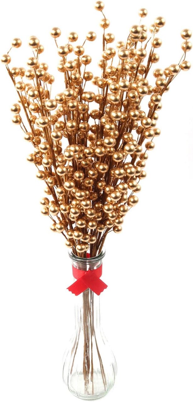 Pack of 12 Artificial Berry Twigs with Gold Berries - 17 Inches Tall - Realistic and Lifelike Christmas Berry Spray Stems - Ideal for DIY Floral Arrangements and Holiday Decorations